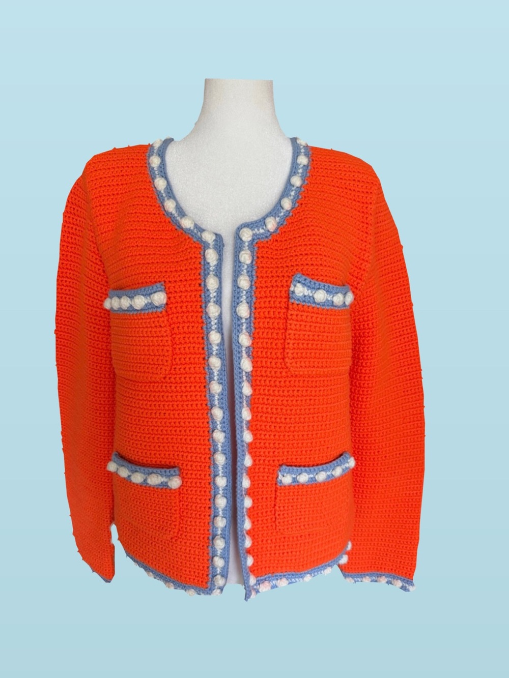 HUNTER BELL Orange Crochet Jacket with Blue & White Trim